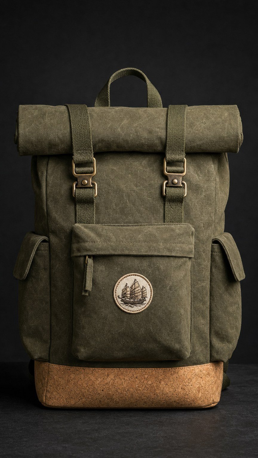 The Sea Bag rucksack in waxed olive hemp canvas with cork base, brass buckles and embroidered Heraclitus badge.