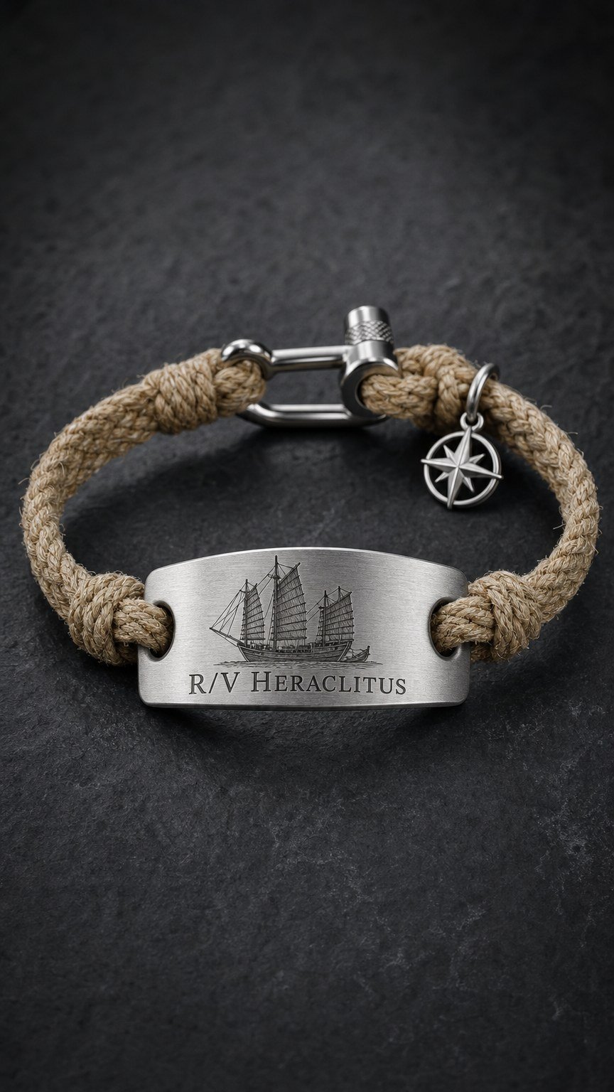 The Re-Launch Bracelet: engraved 100% stainless steel R/V Heraclitus plate on woven hemp cord with steel shackle and nautical star.
