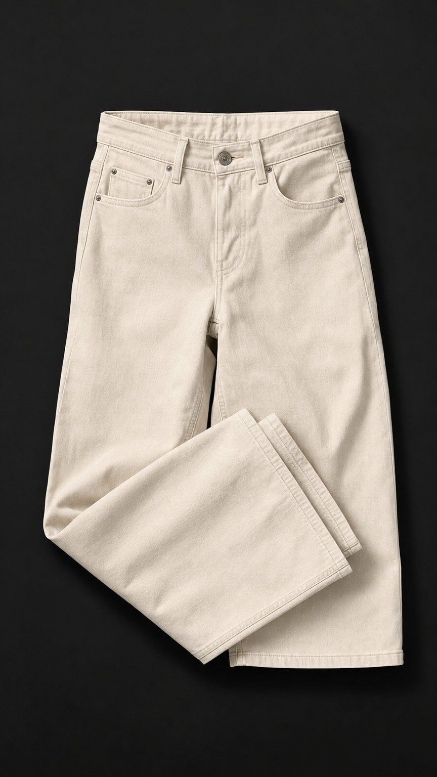 The Driftwood Pant in almond-milk cream washed wide-leg denim, folded flat-lay.
