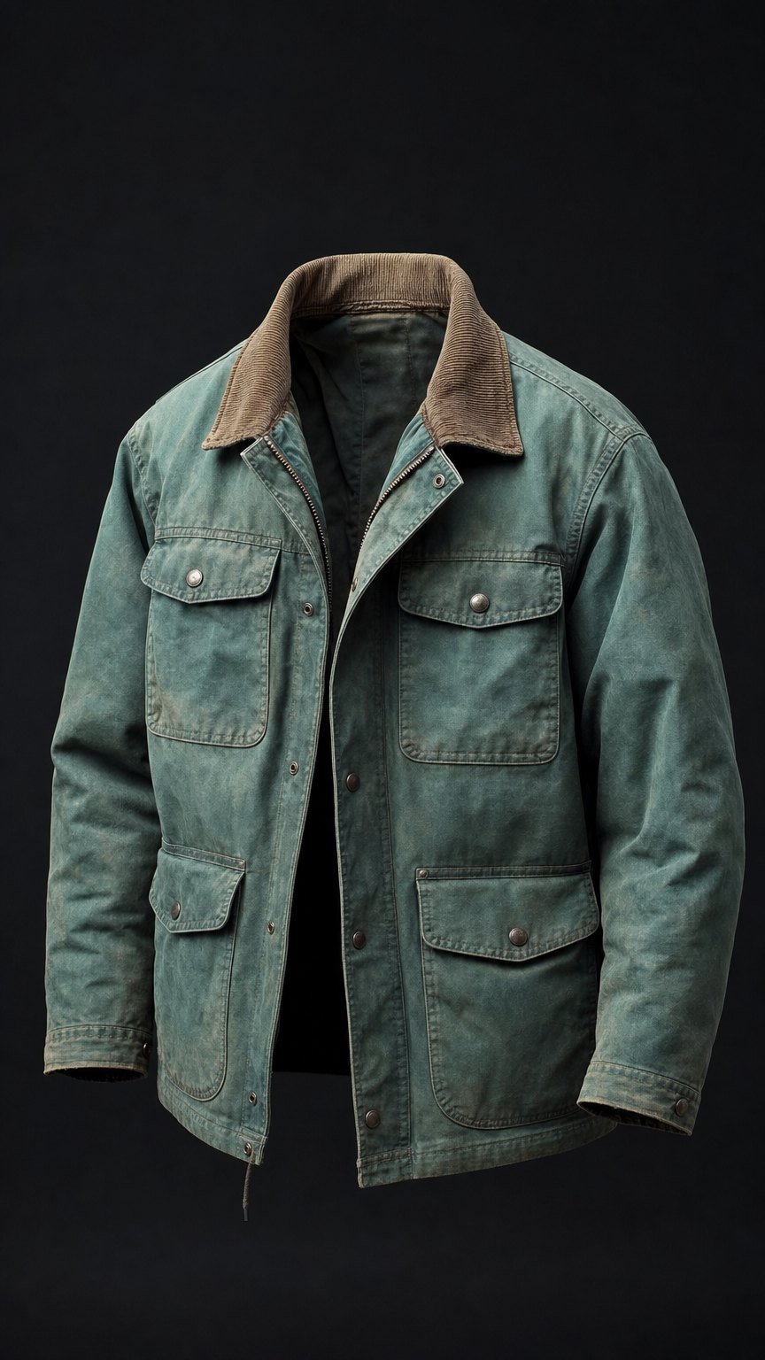 The Watch Officer Jacket in weathered verdigris canvas, four pockets, ghost-mannequin studio shot.