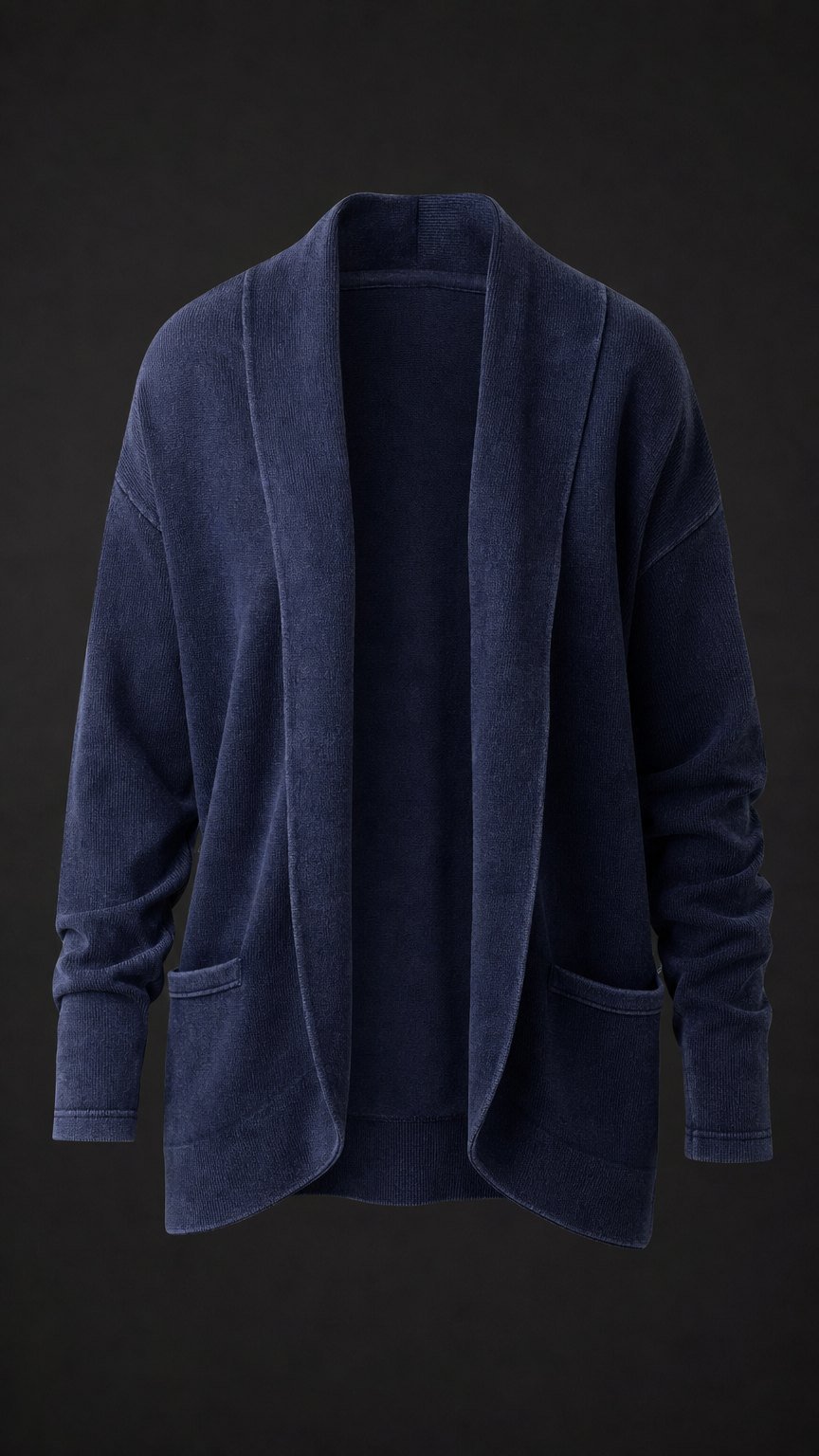 The Lodge Cardigan in midnight indigo organic cotton knit, ghost-mannequin studio shot.