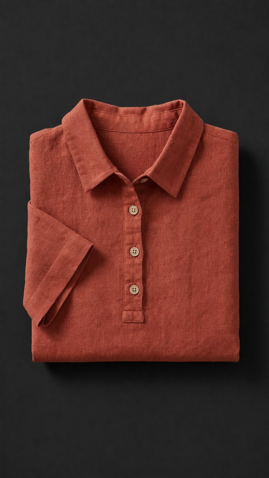 The Miramar Linen Polo in red-ochre terracotta, folded flat-lay.