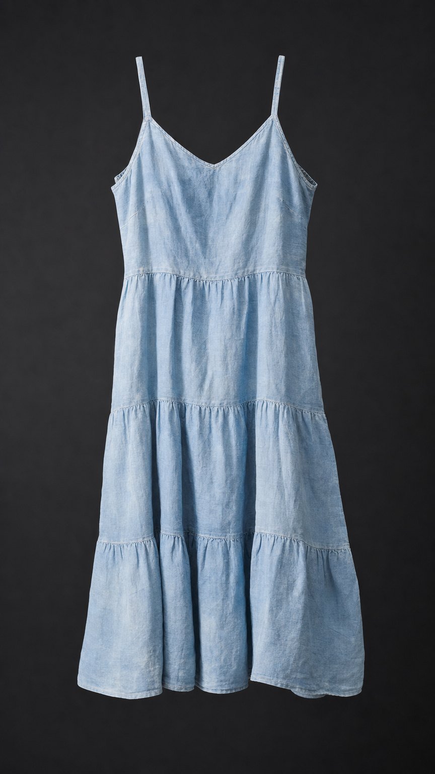 The Sienna Sundress in ocean-whisper pale blue sun-washed linen, ghost-mannequin studio shot.