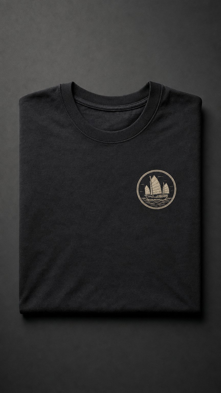 The Shipyard Tee folded flat-lay in hull black with the cream Heraclitus badge over the heart.
