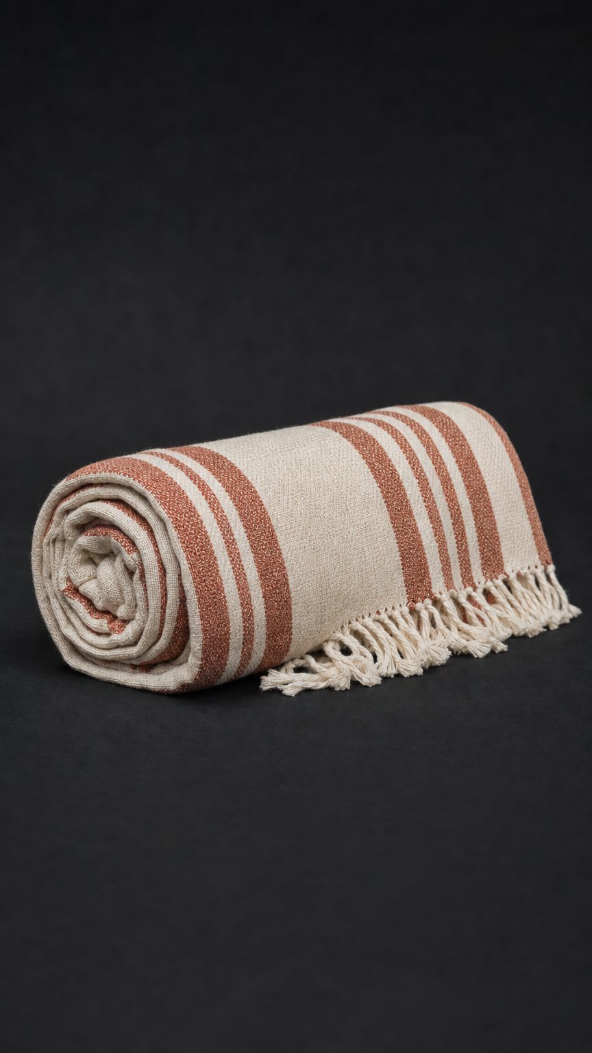 The Swim Towel rolled, bamboo-cotton with woven cream and terracotta stripes.