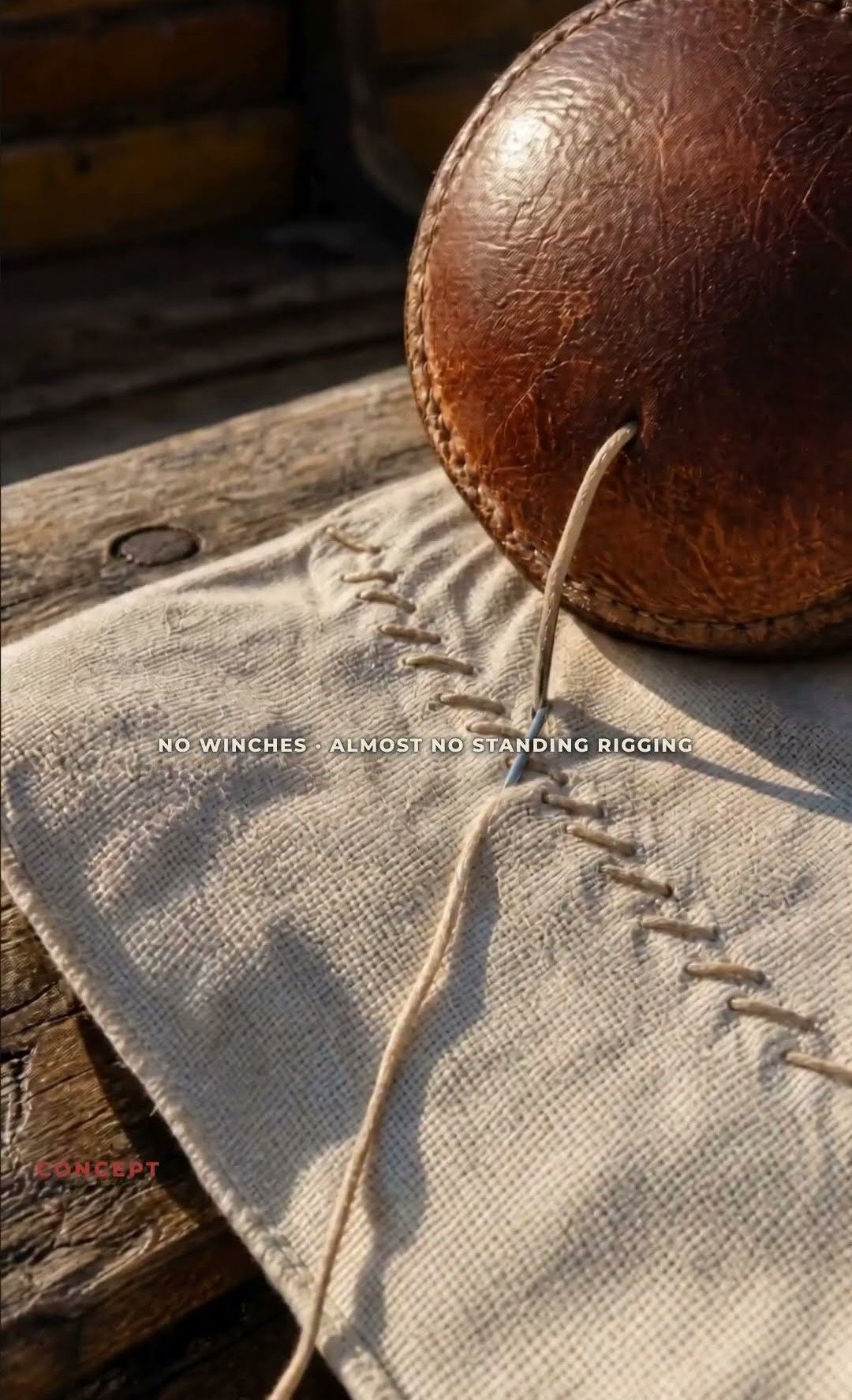 Still from episode 05, A Rig You Can Fix With a Needle — a sailmaker's needle and waxed twine stitching heavy sailcloth on a workbench