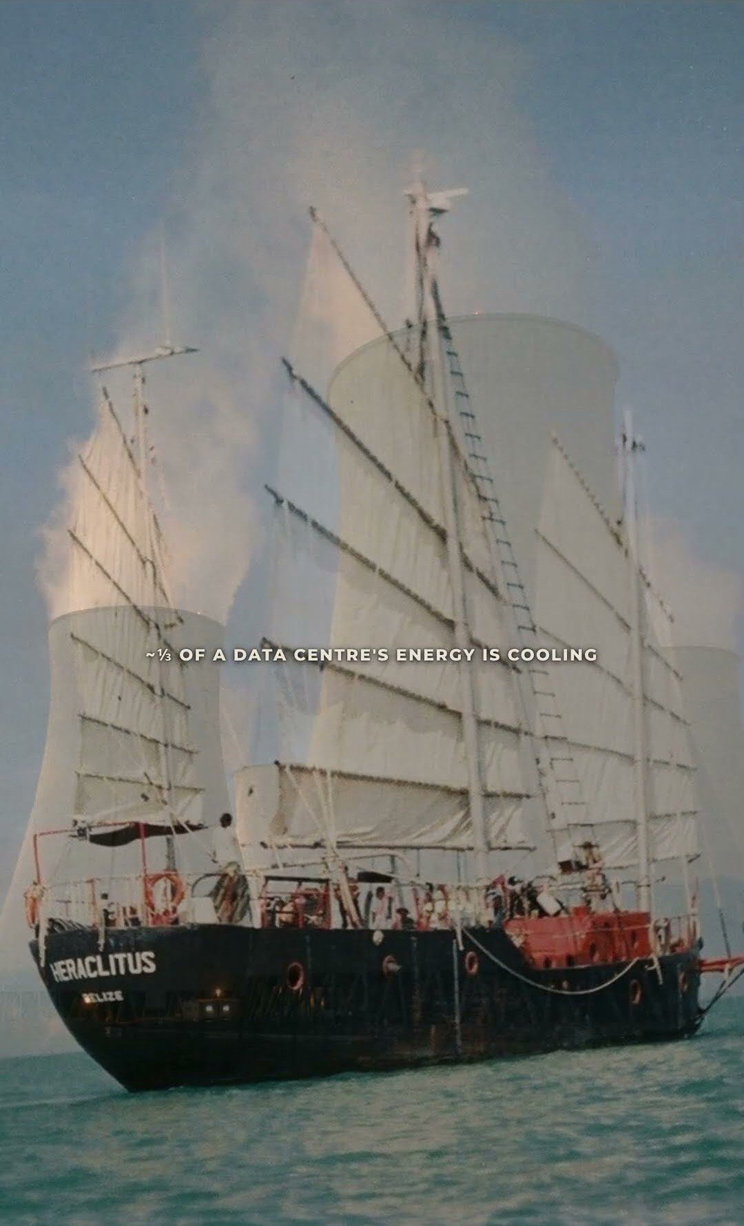 Still from episode 06, Twelve Watts — the ship under a junk rig, its sails blending into the silhouettes of cooling towers