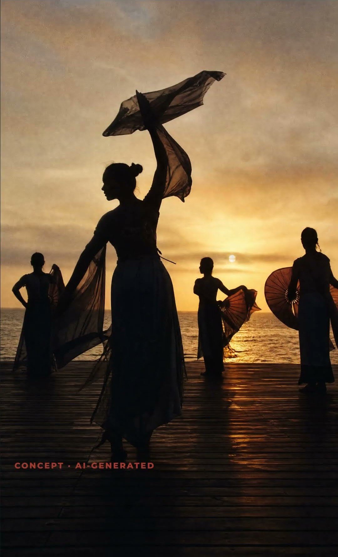 Still from episode 09, What You Would Actually Study — dancers with fabric and parasols on deck at golden hour