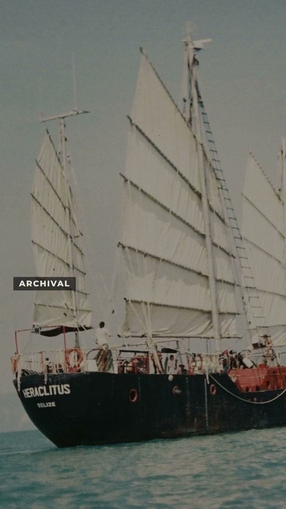 Still from episode 11, You Graduate With a Licence — the Heraclitus under full junk rig at sea, archival photograph