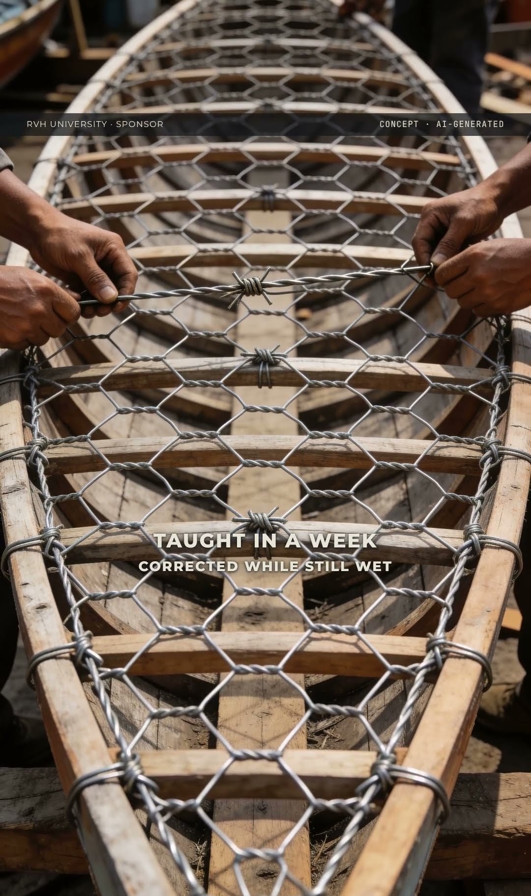 Still from the sponsor cut — hands lashing steel mesh over the hull frame